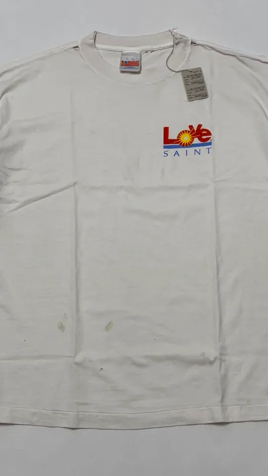 SAINT Mxxxxxx 25SS LOVE_SS TEE/WHT LOVE little sun destroyed washed distressed short sleeves off-white S-XL rainbow OE yarn original version consistent tube woven side seam fabric re-washed distressed craftsmanship of cut and damaged holes hand-made graffiti splashed ink original consistent main mark/wash mark/little angel anti-counterfeiting mark